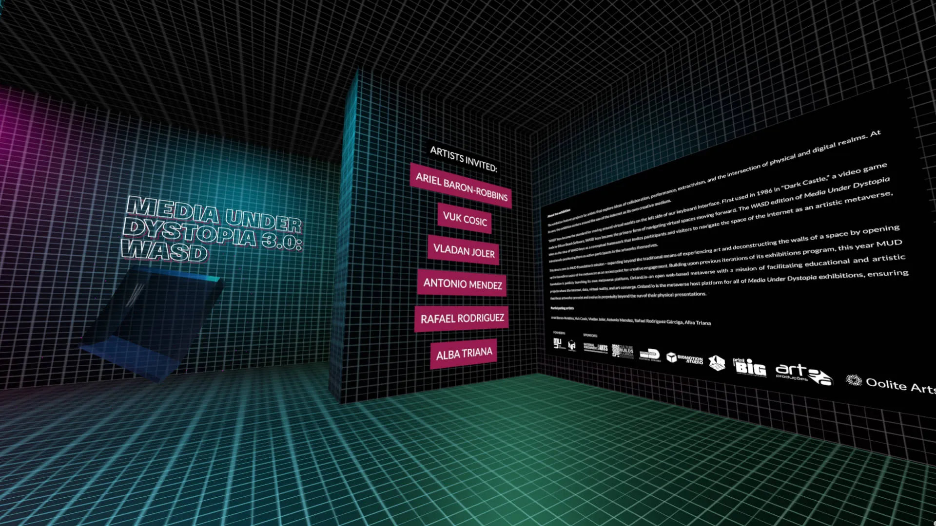 A picture of the labyrinth scene inside the metaverse, where you can see name of artist and the WASD keys floating