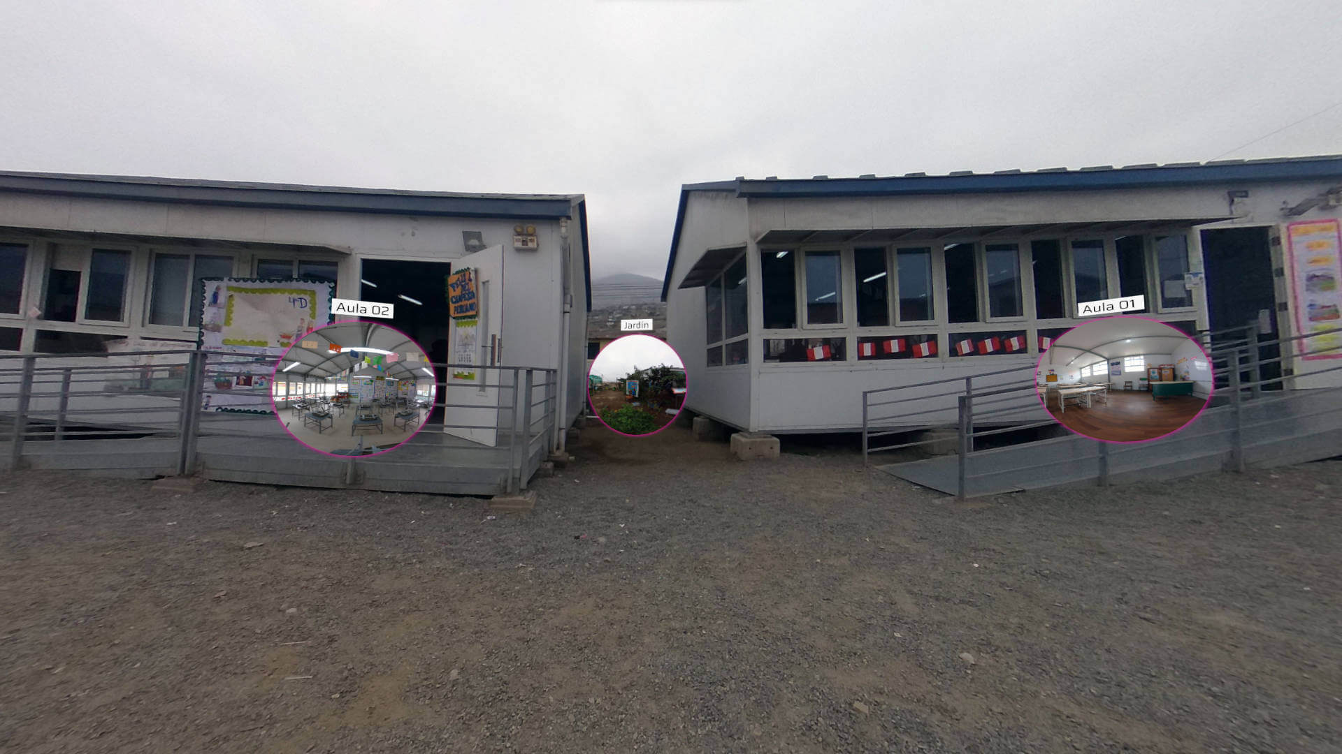 A still image of a scene in the metaverse, it shows two prefabricated classrooms and portals leading to these classrooms' scenes