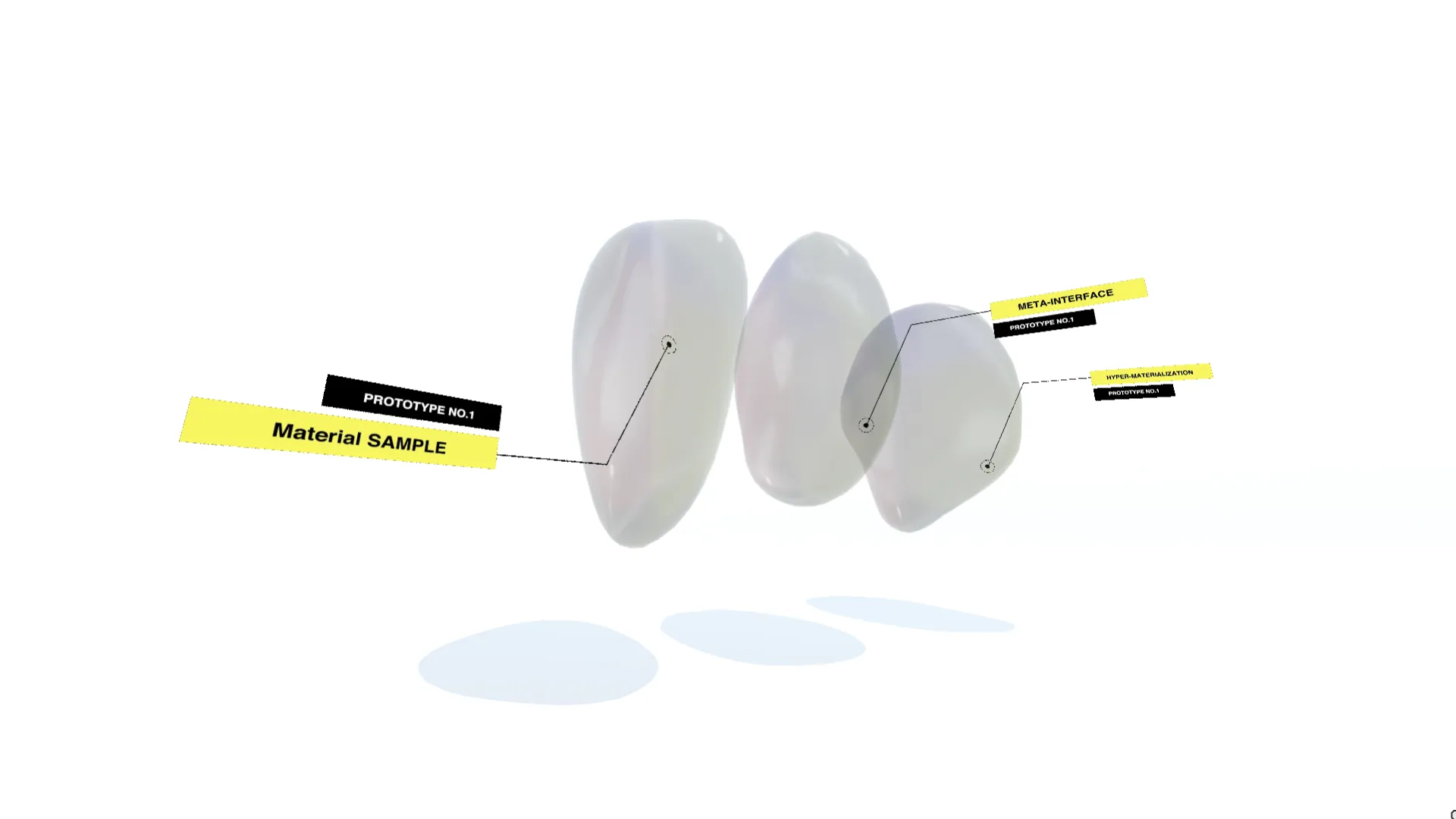 A picture of the Interfacing Actuality metaverse scene showing 3 amorphous objects floating in a white space, depicting material samples.