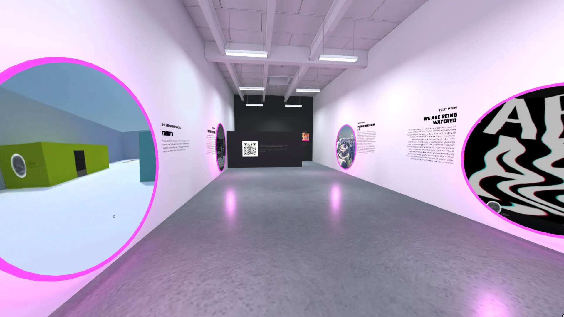 A still of a metaverse scene that depicts the XRHub lab, the main room with all the portals that take to other scenes made for the Media Under Dystopia 2.0 exhibition