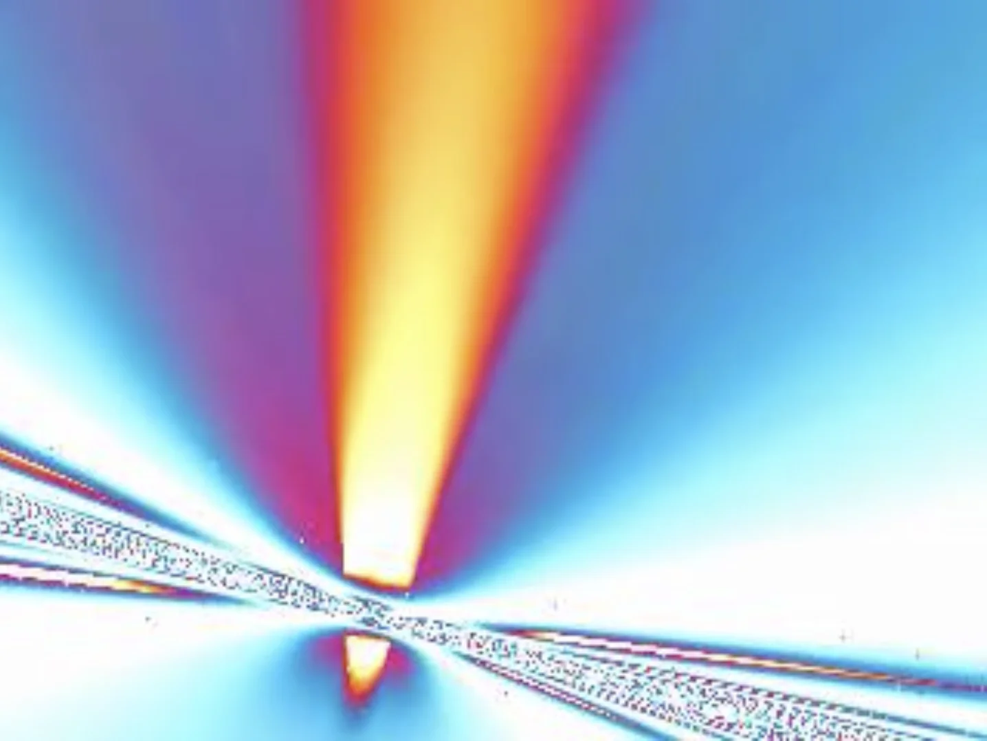 Colorful abstract light beams in blue, purple, and yellow converging near a bright center.